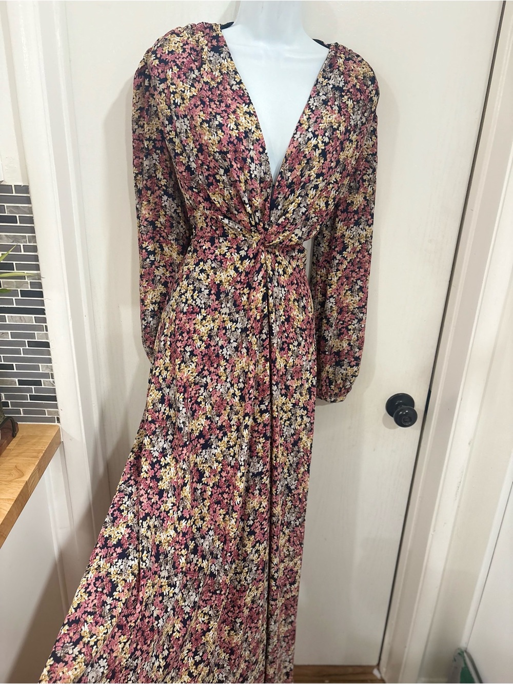 Floral Twist-Front Maxi Dress in Pink and Yellow